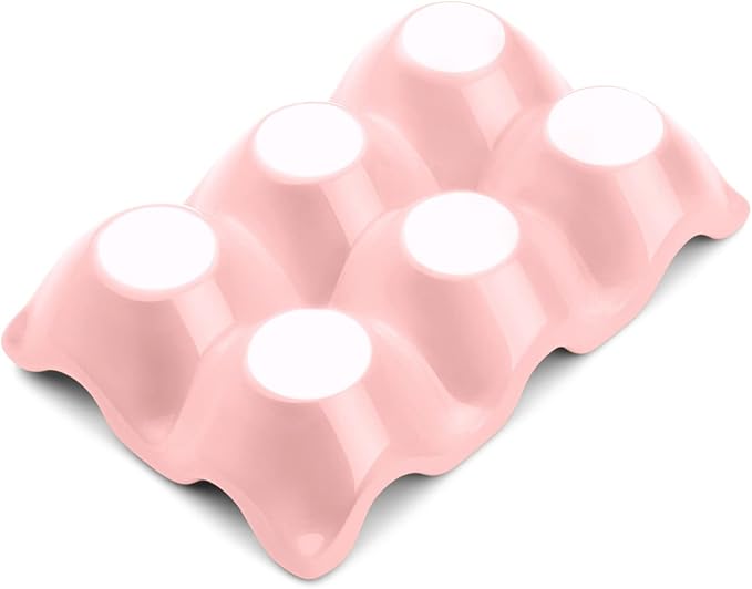 Flexzion Ceramic Egg Holder for Fridge - 6 Cups Egg Tray Half Dozen Porcelain Container Keeper Storage Organizer Decorative Serving Dish Serveware for Refrigerator Countertop Display Kitchen (Pink)