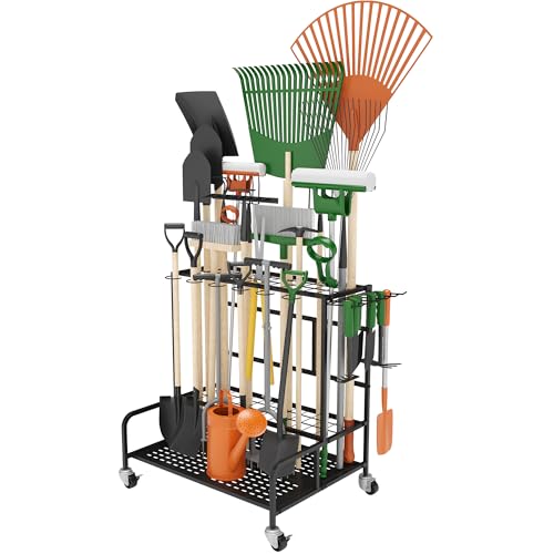 Garden Tool Organizer Rack with Wheels Up to 39 Tools - Black, Alloy Steel, Broom Holder & Garden Tool Rack for Shed by Sttoraboks