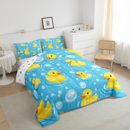 Erosebridal Kids Yellow Rubber Duck Queen Comforter Set Cartoon Ducks Bedding Set Funny - Blue Yellow, Polyester, 3 Pack - Image 3
