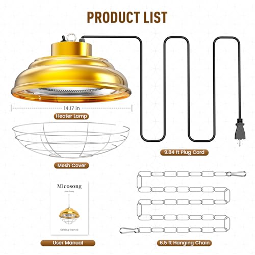 600 Watt Large Heat Lamp for Chicken Coop, Hanging Chicken Coop Heater - Gold, Metal - Image 7