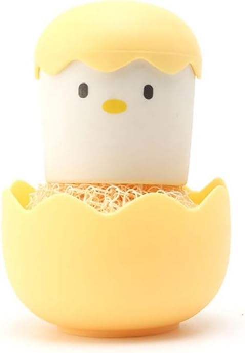 Cleaning Brush with Eggshell Chicken Themed Design and ForNano Fiber Cleaning Ball for Dishwashing and Pot Scrubbing with Ergonomic Handle and Compact Storage (2pcs-Yellow)