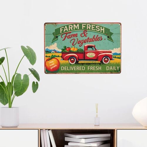 Vintage Farm Fresh Fruits & Vegetables Metal Tin Sign - Rustic Wall Art Decor for Kitchen, Bar, for Man Cave, Garage, Yard - 12x8 Inch Retro Farmhouse Tin Signage, Country Style | Durable Artwork