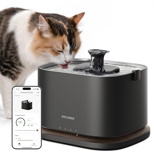 PETLIBRO Cat Water Fountain Stainless Steel Tray - Cordless Fountain, Black, 3 liters, Easy Clean 5G WiFi Cat Dispenser by PETLIBRO