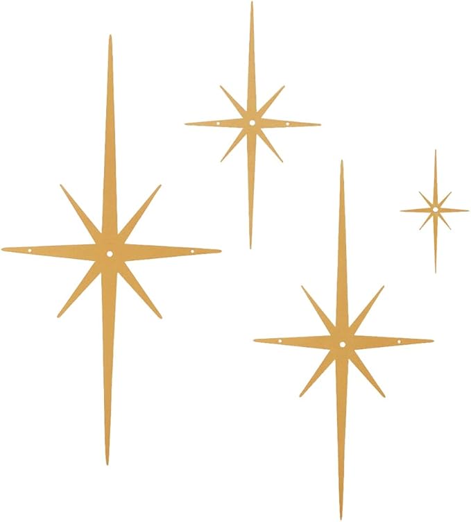 CREATCABIN 4Pcs Metal Star Burst Wall Decor Mid Century Star Decor Gold 8 Pointed Atomic Stars Celestial Wall Art Sculpture Hanging Ornament Modern Home Accents for Bedroom Office Room Decoration