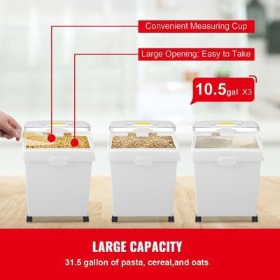 Happybuy 3-Pack 10.5 Gallon/40L Rice & Pet Food Storage Containers, Airtight Bin with Wheels, Scoops for Kitchen Ingredients, Cereal & Flour Dispenser