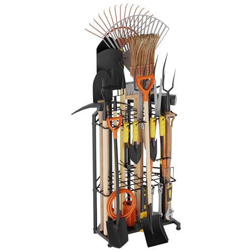 Garden Tool Organizer for Corner, Heavy Duty Metal Rack with 34 Storage Compartments & 14 - Black, Alloy Steel, Long-Handled Tools by Sttoraboks