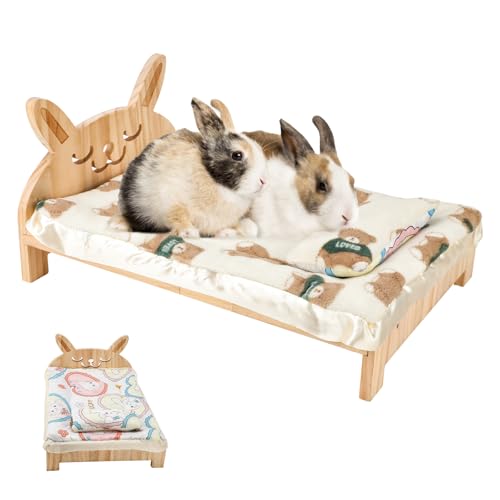 Large Wooden Bunny Bed, 2-in-1 Rabbit Bed with Pillow and Mat - 20.4"L x 14"W x 3.9"H (52x36x10 cm) by Midollarle