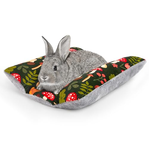 15"x14" Soft Plush Rabbit Bed Washable Cuddle Mat for Small Pets - Medium, Green Mushrooms, Polyester by Hedgeink