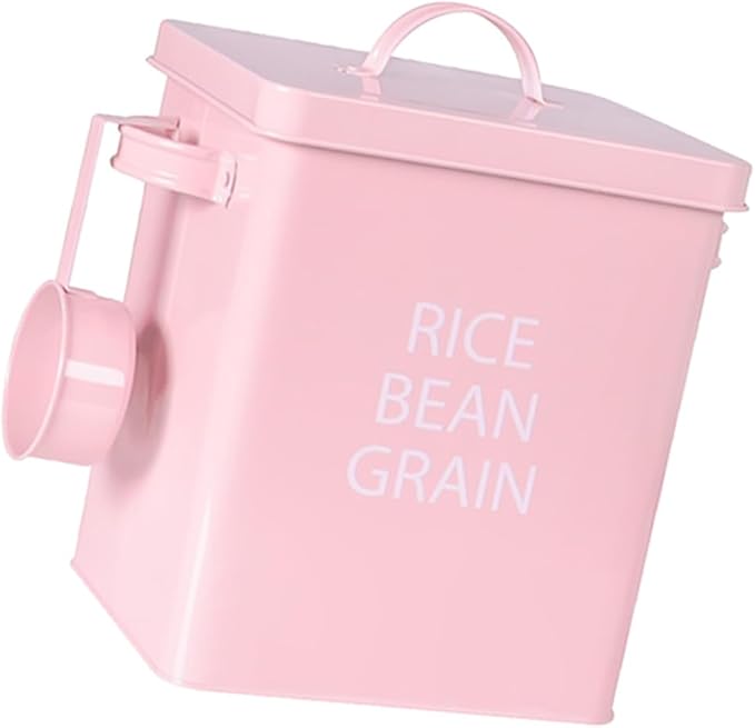 Pink Pet Food Storage Barrel Airtight Metal Container with Spoon for Dog and Cat Food Moisture- Durable Design for Grain Storage