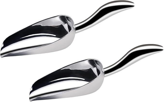 Ice Scoop for Freezer Stainless Steel Ice Flour Utility Scooper for Ice Maker Kitchen Bar Party Wedding, Heavy Duty, Dishwasher Safe 6 OZ Utility Flour Scoop (Curled Handle-2pcs)