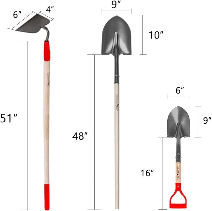 GardenAll 7-Piece Shovels Rakes Hoe Set Long Wood Handle Garden Tools Set Gifts for Women Pointy Shovels for Digging Short Handle Shovel Meteal Rakes Cultivator Set