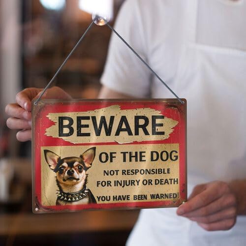 Vintage Metal Tin Sign - Beware of Dog Chihuahua with Spiked Collar Humorous Warning Sign, Rustic 8x12 Inch Outdoor Yard Decor for Fence, Farm, Garden, Kitchen - Funny Pet Owner Gift for Men & Women