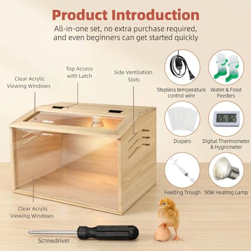 15.74 x 11.81 x 11.81” Chick Brooder Box with Heating Lamp - Beige, Wood, Poultry Brooder with Heaters - Image 2