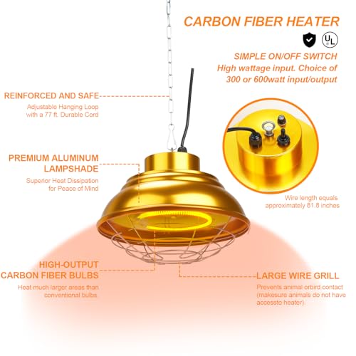 Heat Lamp for Chicken Coop, 400 Watts Carbon Fiber Chicken coop Heater - （round 600W）, Adjust 2 Mode Temp&Hanging Height - Image 3