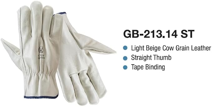 Leather Work Gloves, Light Beige Cow Grain, Straight Thumb Design with Tape Binding (GB-213.14 ST)