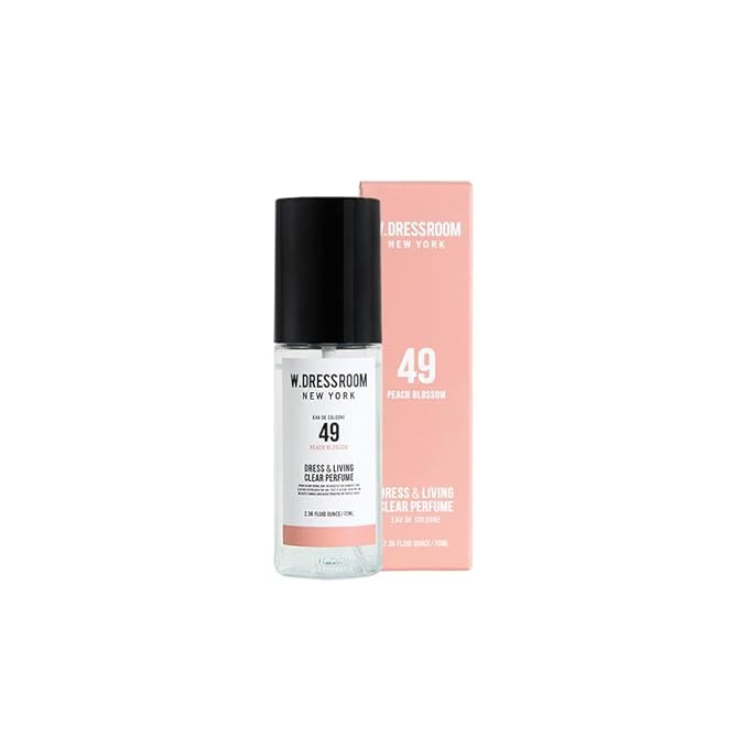 W.Dressroom No.49 Peach Blossom Living Clear Perfume, Body Mist & Fabric Spray Deodorizer, Alcohol-Free Water-Based, Odor Neutralizer for Clothes, Bedding & Room, Travel Size 2.36 oz