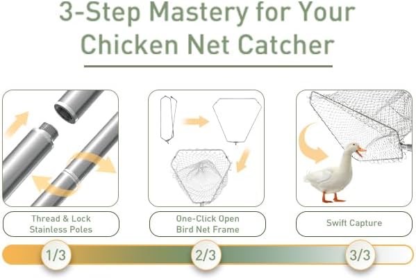 Heavy Duty Chicken Net Catcher - 17-65Inch Adjustable Stainless Steel Pole, 19Inch Large Opening Animal Net for Poultry/Birds/Fish, Foldable Metal Frame