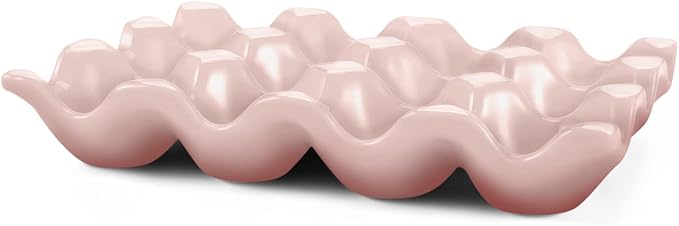 Flexzion Ceramic 12 Cups Egg Tray - Whole Dozen Porcelain Egg Holder Container Keeper Storage Organizer Decorative Serving Stand Serveware for Refrigerator Fridge Countertop Display Kitchen (Pink)