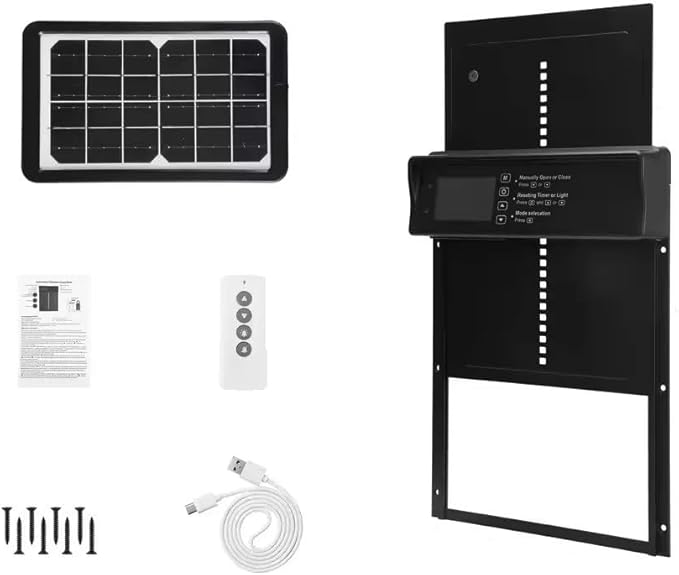 BeyondFeed™ Solar Automatic Chicken Coop Door with LCD Screen – 4 Control Modes (Light Sensor/Timer/Remote/Button), AI Anti-Pinch, Waterproof, Easy Install