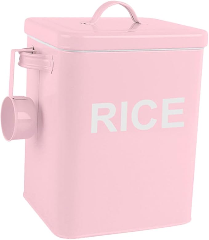 Sealed Pet Food Storage Bucket with Measuring Cup Large Capacity Airtight Metal Grain Bin for Dog and Cat Food Kitchen Rice Container Pink