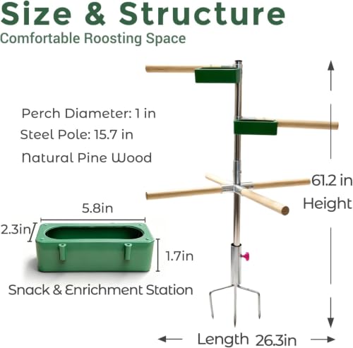 Chicken Perch Toys for Coop with 2 Trays(Feed or Water) - H=61.2inch with 2 Trays, Natural, Steel-Wood Hybrid - Image 3