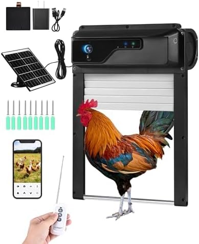 Automatic Chicken Coop Door with HD Camera, Solar Powered, 5000mAh Battery, WiFi App Remote Control & Timer, Night Vision, Anti-Pinch Sensor, Motion Alarm for Poultry Coop (Black)