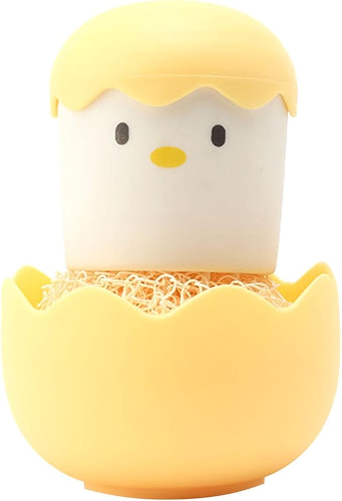 Eggshell Chicken Cleaning Brush Cartoon Kitchen Cleaning Scrubbers Fiber Ball Head with Detachable Handle for Bowls Pots (Yellow)