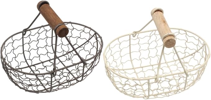 2pcs Vintage Farmhouse Style Wire Fruit and Bread Basket with Wooden Handles Multi-function Kitchen Storage Basket for Eggs and Snacks Gray and Cream for Countertop Organization