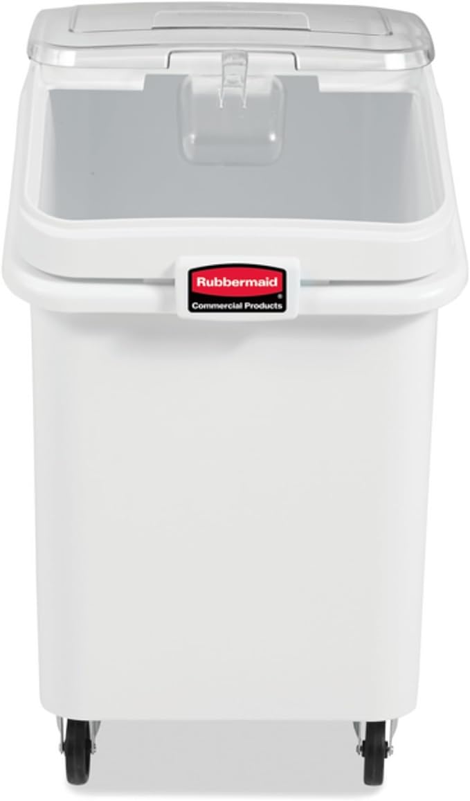 Rubbermaid Commercial Products ProSave Shelf-Storage Ingredient Bin With Scoop, 600-Cup capacity, Plastic, White, Sliding Lid, Container with Wheels for Kitchen/Restaurant Food Organization