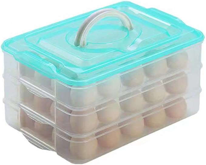 Egg Storage Container for Refrigerator, 3-Layer Deviled Egg Tray, Stackable Fridge Egg Organizer with Lid and Handle, Extra Large Holder, 60 Count Eggs Keeper(green 3 layer)