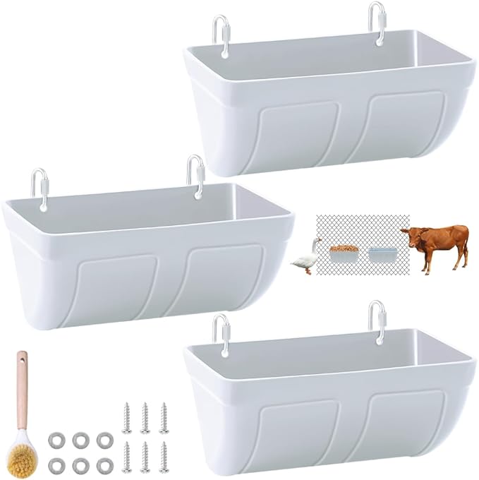 Goat Feeders Hanging 3 Pack 5 Quart, Chicken Waterer Feeder Trough for Poultry Duck Sheeple Coop Dog Livestock Poultry Plastic Trough Bucket, Hanging or Screw-in Fence Feeder with Clips, White