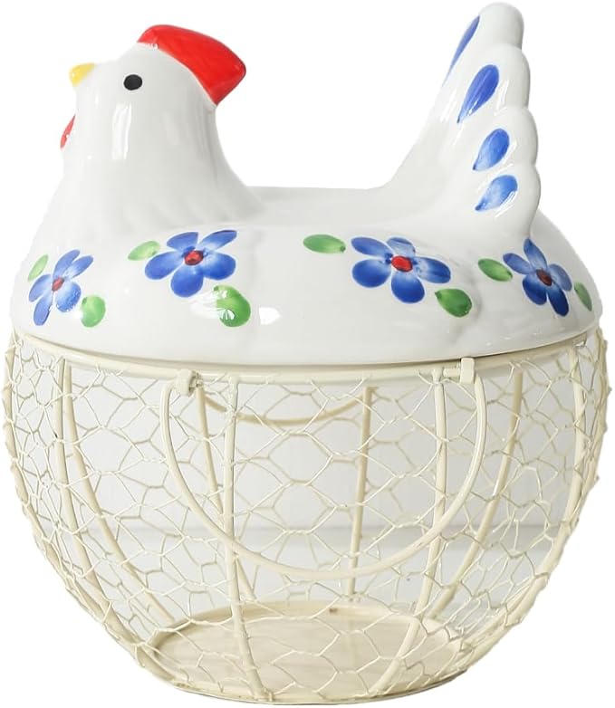 Decorative Egg Basket for Counter,Ceramic Chicken Lid with Wire Basket, Holds 20-25 Eggs