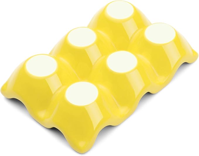 Flexzion Ceramic Egg Holder for Fridge - 6 Cups Egg Tray Half Dozen Porcelain Container Keeper Storage Organizer Decorative Serving Dish Serveware for Refrigerator Countertop Display Kitchen (Yellow)