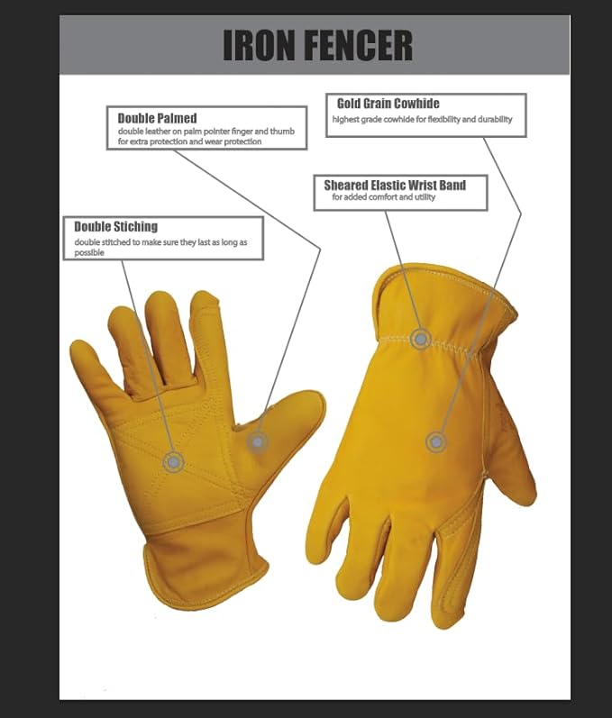 Iron Fencer Leather Work Glove- 207 Medium Cowhide Leather Fencing Gloves for Men Heavy Duty Double Palm, Guantes de Trabajo, Ranch, 207M