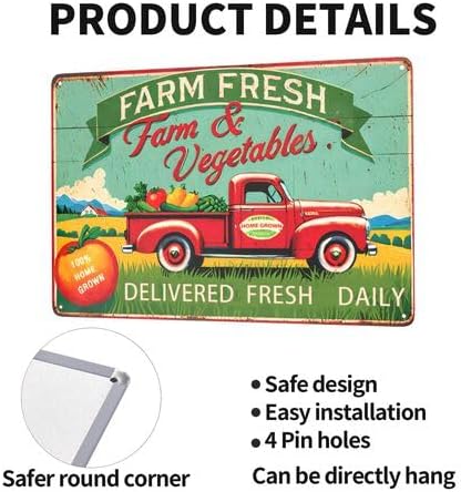Vintage Farm Fresh Fruits & Vegetables Metal Tin Sign - Rustic Wall Art Decor for Kitchen, Bar, for Man Cave, Garage, Yard - 12x8 Inch Retro Farmhouse Tin Signage, Country Style | Durable Artwork