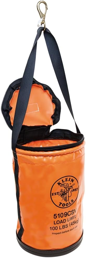 Klein Tools 5109CSV Tool Bucket, Top Closing Vinyl Lineman Bucket with Swivel Snap and Web Handle, 12-Inch, 100-Pound Load Rated Tool Holder