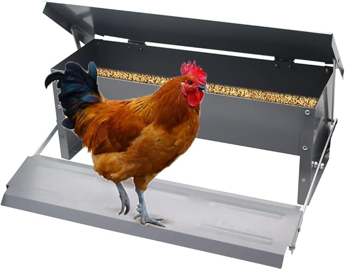 5L Automatic Chicken Feeder Poultry Treadle Galvanized Steel Trough for Roosters Pheasant Chicken Outdoor Coop, Rat Proof with Weatherproof Lid