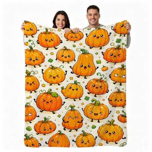 Kawaii Pumpkin Blanket, Happy Faces Fall Harvest Design 50×60 - 50"x60", Autumn Pumpkin, Polyester by VPIHOLK
