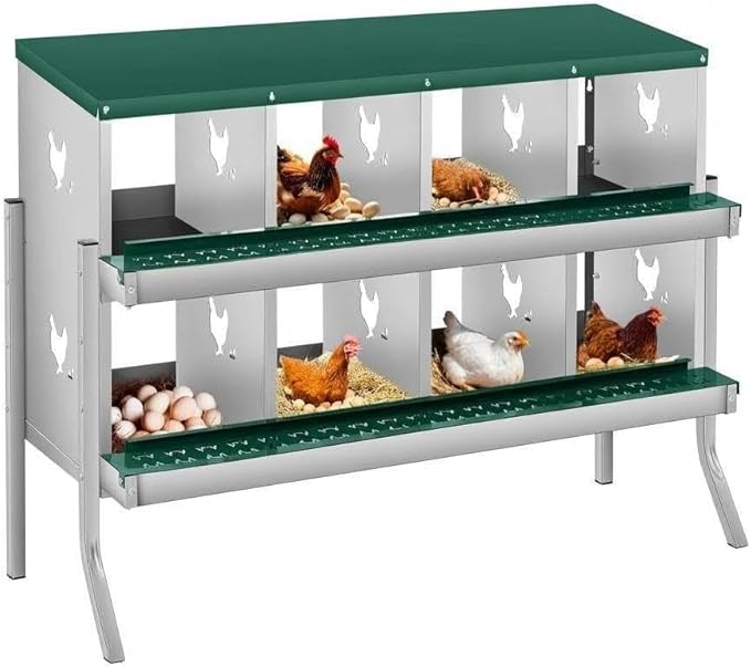 Rustproof Roll Away Two-Tier Design - Chicken Nesting Box for Small Animals - 8 Compartments, Galvanized Steel, Removable Tray & Lid, Wall Mounted or with Legs, Large Vent Holes, Easy Clean -