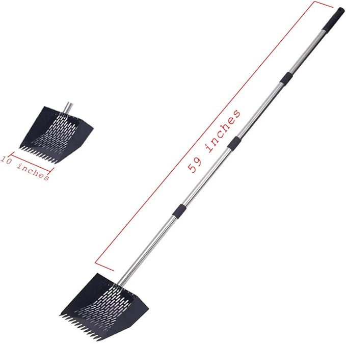 2-in-1 Rake & Scoop Chicken Poop Scooper 10 Inch Metal Head with Rust-Proof Handle for Coop Cleaning Litter Sifting