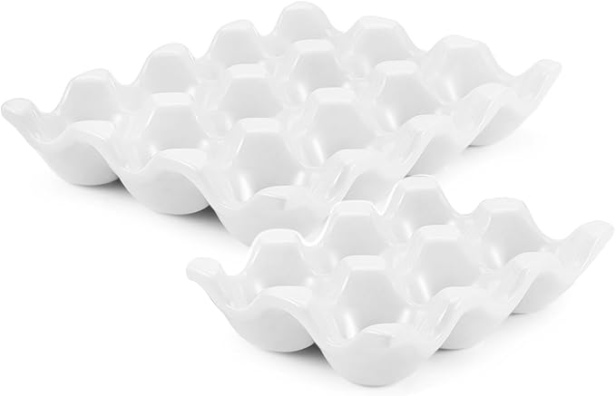 Flexzion 12 + 6 Cups Ceramic Egg Holder for Fridge - 18 Porcelain Egg Tray Container Keeper Storage Organizer Decorative Serving Stand Serveware for Refrigerator Countertop Display Kitchen (White)