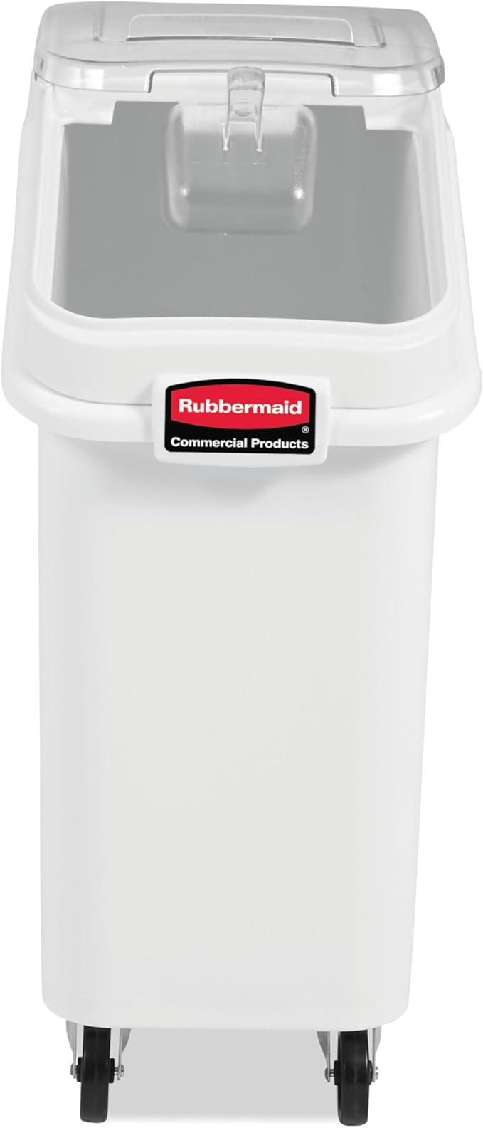 Rubbermaid Commercial Products ProSave Shelf-Storage Ingredient Bin With Scoop 400-Cup Capacity Plastic White Sliding Lid Container with Wheels for Kitchen/Restaurant/Food Organization