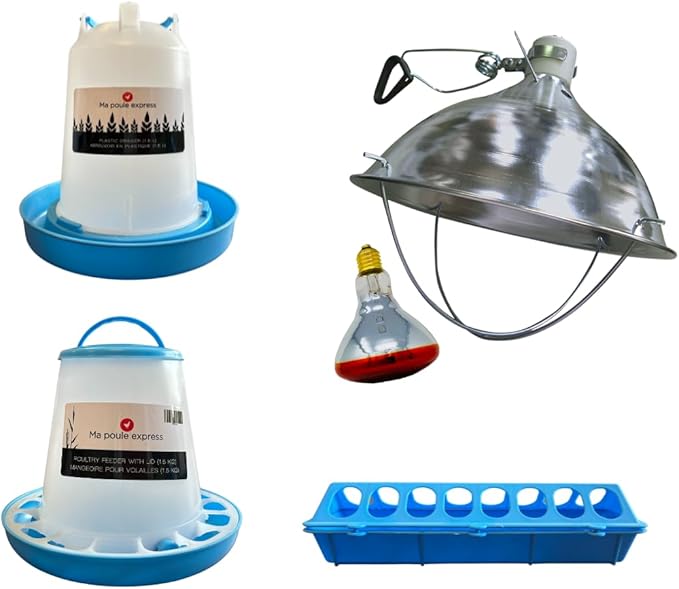 Ma Poule Express – Proudly Canadian – Chicken & Poultry Starter Kit | Chick Feeder & Waterer Set + 250W Red Heat Lamp & Reflector | Feeds Chicks, Ducks, Quail & Adult Hens
