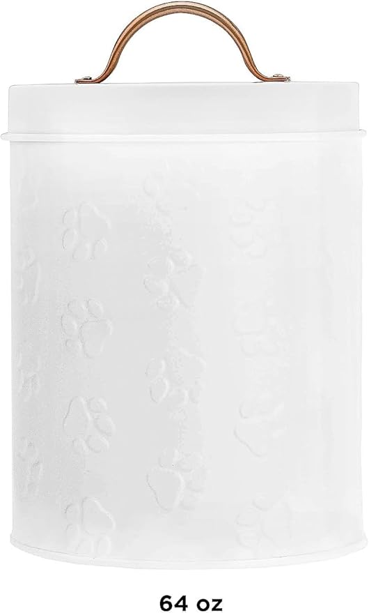 Amici Home Small Dog Treat Container Airtight, 8” Tall x 5.5” Round, White Embossed Puppy Paws Print, Storage Jar Canister for Cats, Small Animals, Gifts for Pet Owners, White