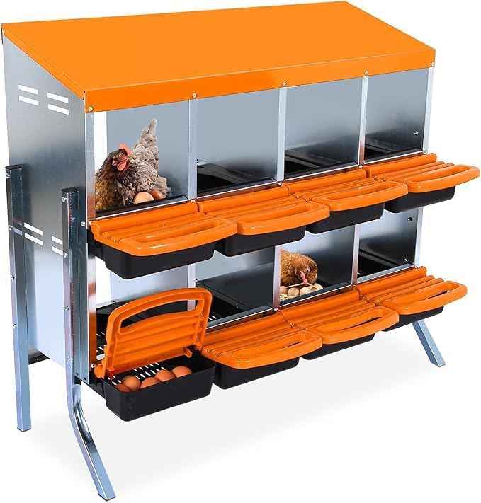 Chicken Nesting Box, 8-Compartment Egg Laying Box, Convenient for Collecting Eggs, Ventilated Poultry House Equipment in Metal Chicken Coop, Suitable for Hens and Ducks, (Orange, with Stand)