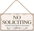 No Soliciting Family Friends Neighbors Deliveries Welcome Funny Rustic Wooden Front Door Sign Vintage Outdoor Wall Art Hanging Plaque for Porch Yard Store Home Farmhouse Decor 10''x 5''