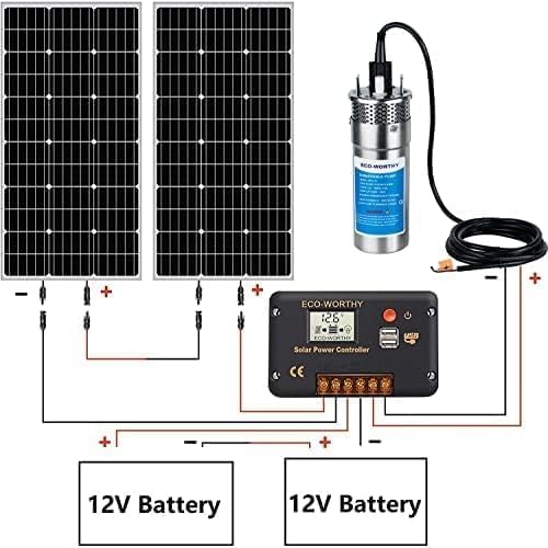 ECO-WORTHY 24V Solar Water Pump Kit, Large Flow 3.2GPM, 2pcs 100 Watts Solar Panel + Submersible Well Pump + 20A Controller + 16ft Cables for Off-grid Irrigation,Garden Camping