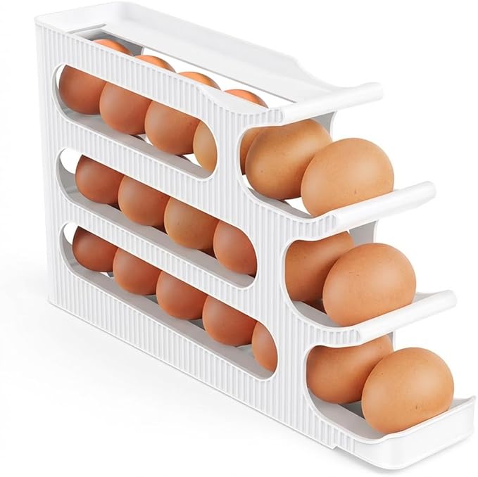 Sotfamily Egg Holder for Fridge, 4 Tiers Auto Rolling Egg Storage Organizer for Refrigerator, Slim Space Saving Container, Dispenser - Egg Roller for Eggs 24 Count