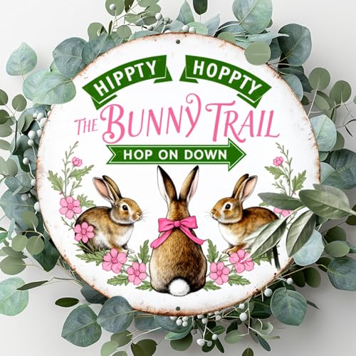 Hippity Hoppity The Bunny Trail Round Aluminum Sign Retro Hop On Down Three Bunnies Pink - 8x8 Inch - Image 4