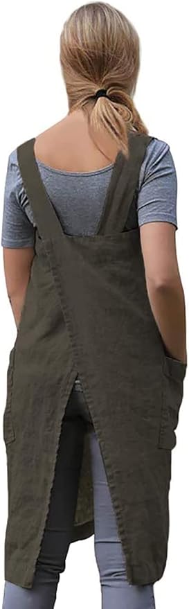 Women's Pinafore Apron Cross Back Apron with Pockets Cotton Linen Apron Dress Plus Size